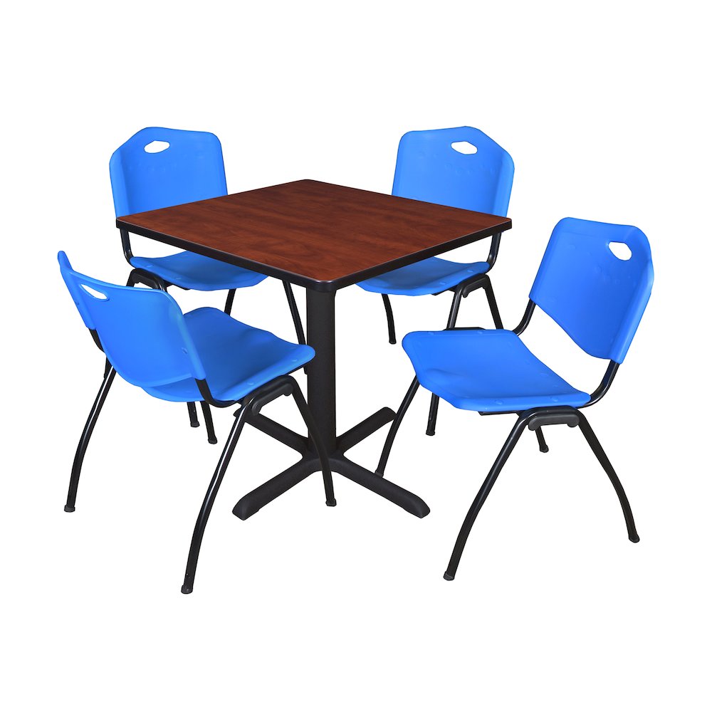 Small 30 in. Square X-Base Breakroom Table- Cherry & 4 M Stack Chairs- Blue