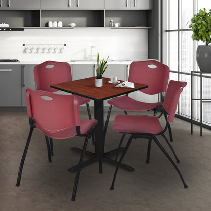Small 30 in. Square X-Base Breakroom Table- Cherry & 4 M Stack Chairs- Burgundy