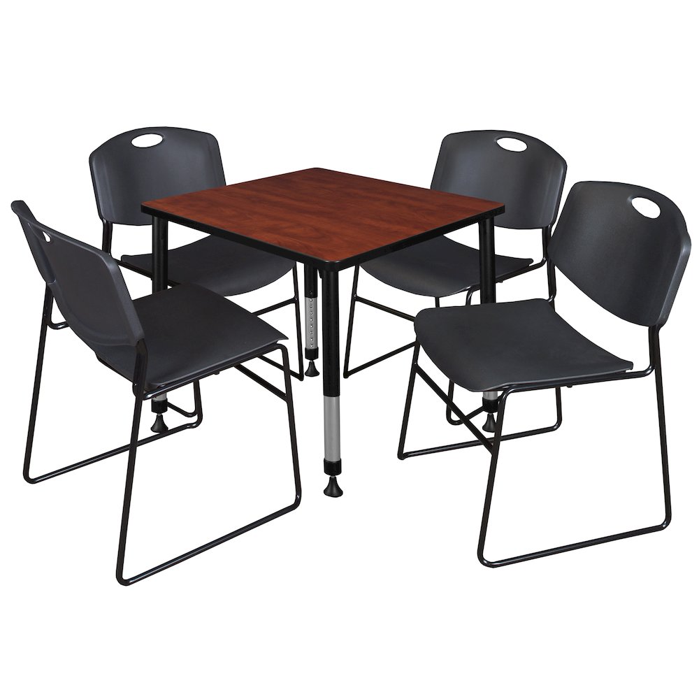 30 in. Square Adjustable Classroom Table- Cherry & 4 Zeng Stack Chairs- Black