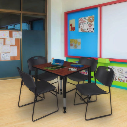 30 in. Square Adjustable Classroom Table- Cherry & 4 Zeng Stack Chairs- Black