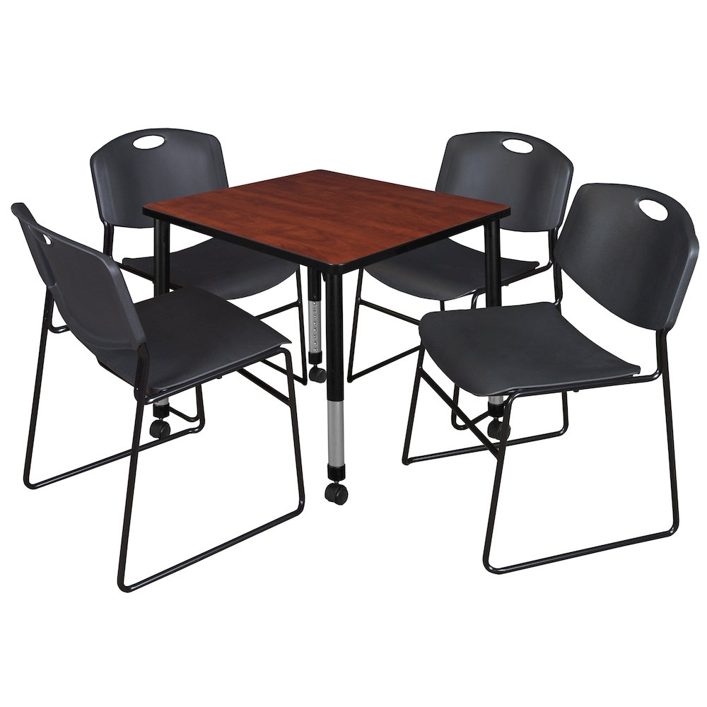 30 Square Mobile Adjustable Classroom Table- Cherry & 4 Zeng Stack Chairs- Black
