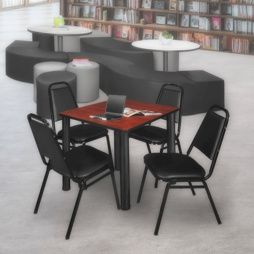 30 in Square Breakroom Table- Cherry Top, Black Legs, 4 Restaurant Stack Chairs