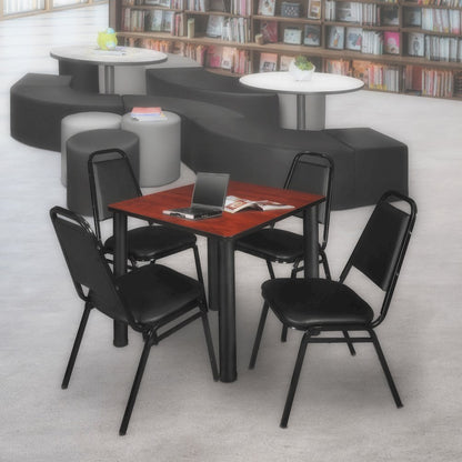 30 in Square Breakroom Table- Cherry Top, Black Legs, 4 Restaurant Stack Chairs