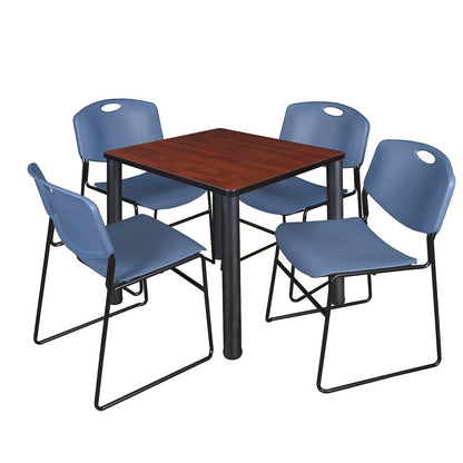 30 in Square Breakroom Table- Cherry Top, Black Legs, 4 Zeng Stack Chairs- Blue