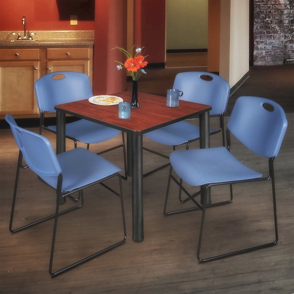 30 in Square Breakroom Table- Cherry Top, Black Legs, 4 Zeng Stack Chairs- Blue