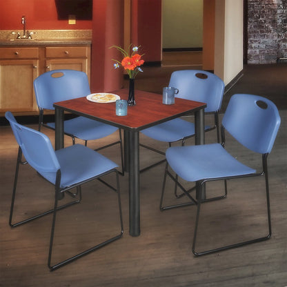 30 in Square Breakroom Table- Cherry Top, Black Legs, 4 Zeng Stack Chairs- Blue