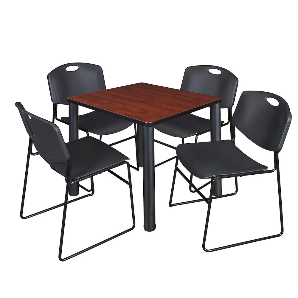 30 in Square Breakroom Table- Cherry Top, Black Legs, 4 Zeng Stack Chairs- Black