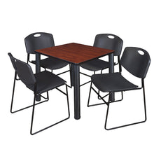30 in Square Breakroom Table- Cherry Top, Black Legs, 4 Zeng Stack Chairs- Black