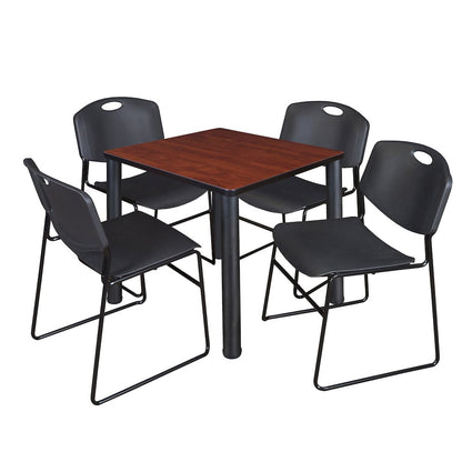 30 in Square Breakroom Table- Cherry Top, Black Legs, 4 Zeng Stack Chairs- Black