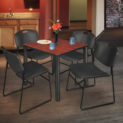 30 in Square Breakroom Table- Cherry Top, Black Legs, 4 Zeng Stack Chairs- Black