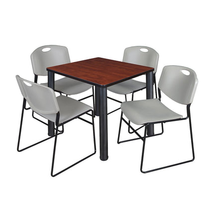 30 in Square Breakroom Table- Cherry Top, Black Legs, 4 Zeng Stack Chairs- Grey