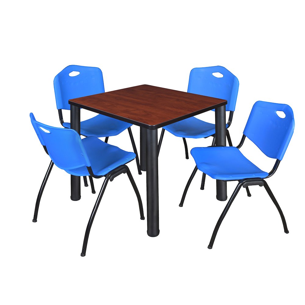 30 in Square Breakroom Table- Cherry Top, Black Legs, 4 M Stack Chairs- Blue