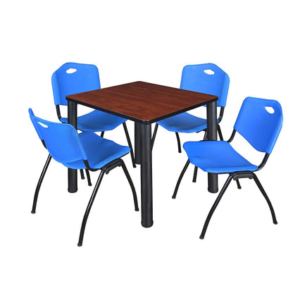 30 in Square Breakroom Table- Cherry Top, Black Legs, 4 M Stack Chairs- Blue