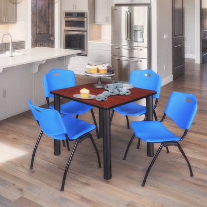 30 in Square Breakroom Table- Cherry Top, Black Legs, 4 M Stack Chairs- Blue