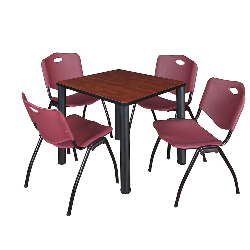 30 in Square Breakroom Table- Cherry Top, Black Legs, 4 M Stack Chairs- Burgundy