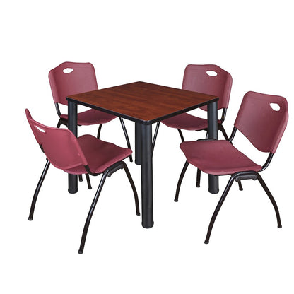 30 in Square Breakroom Table- Cherry Top, Black Legs, 4 M Stack Chairs- Burgundy