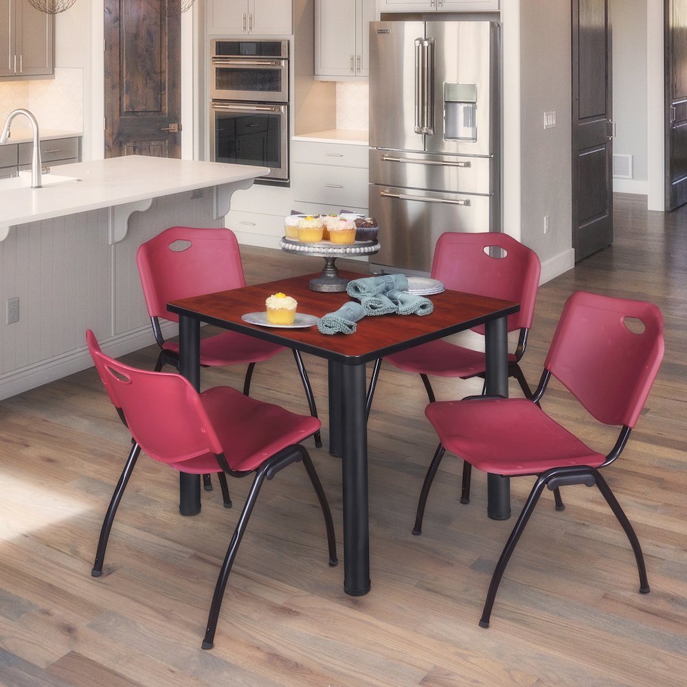 30 in Square Breakroom Table- Cherry Top, Black Legs, 4 M Stack Chairs- Burgundy