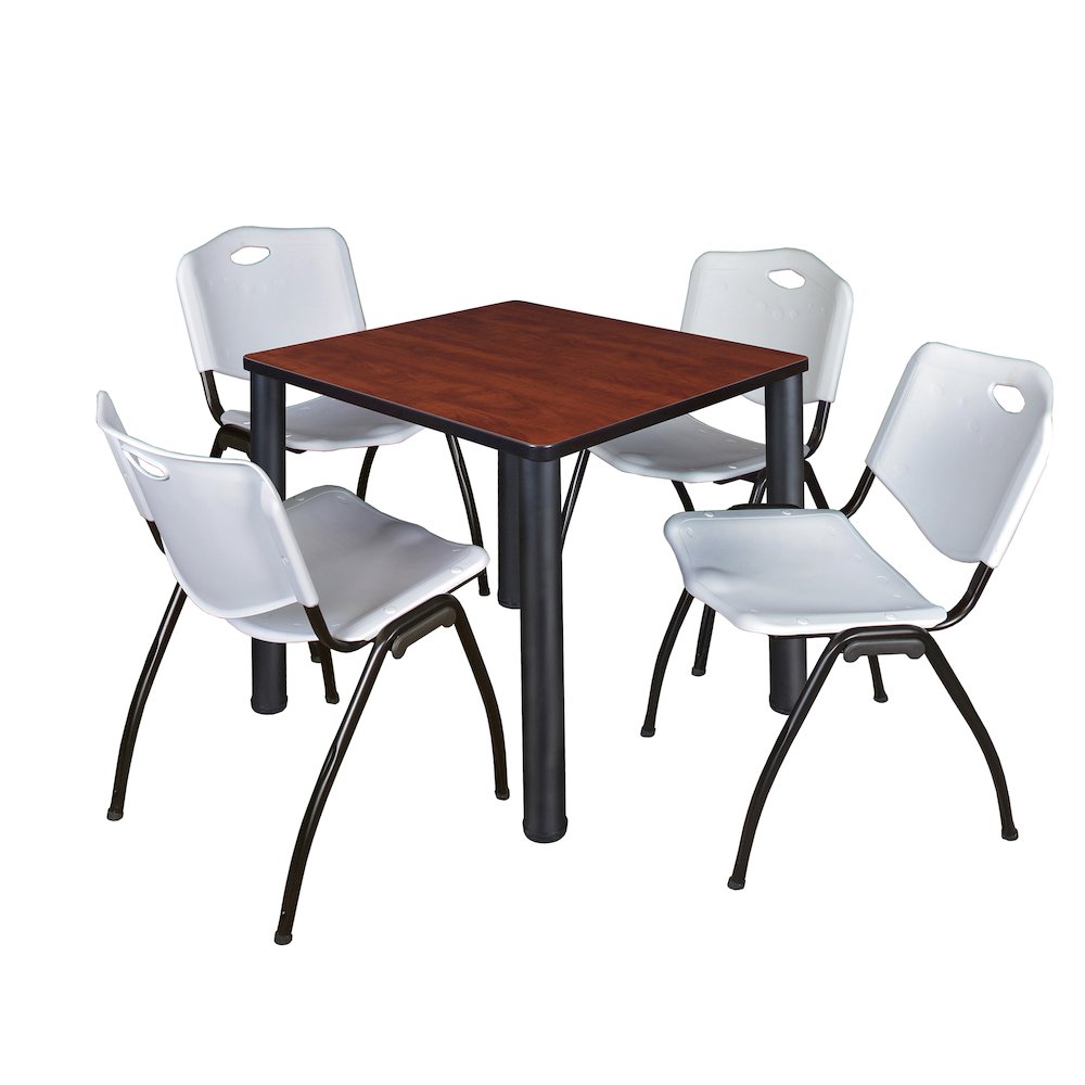 30 in Square Breakroom Table- Cherry Top, Black Legs, 4 M Stack Chairs- Grey