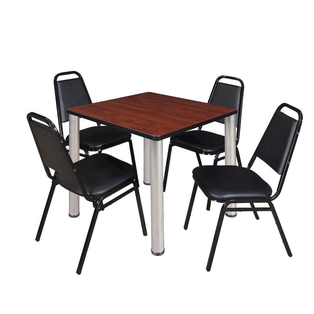 30 in Square Breakroom Table- Cherry Top, Chrome Legs, 4 Restaurant Stack Chairs