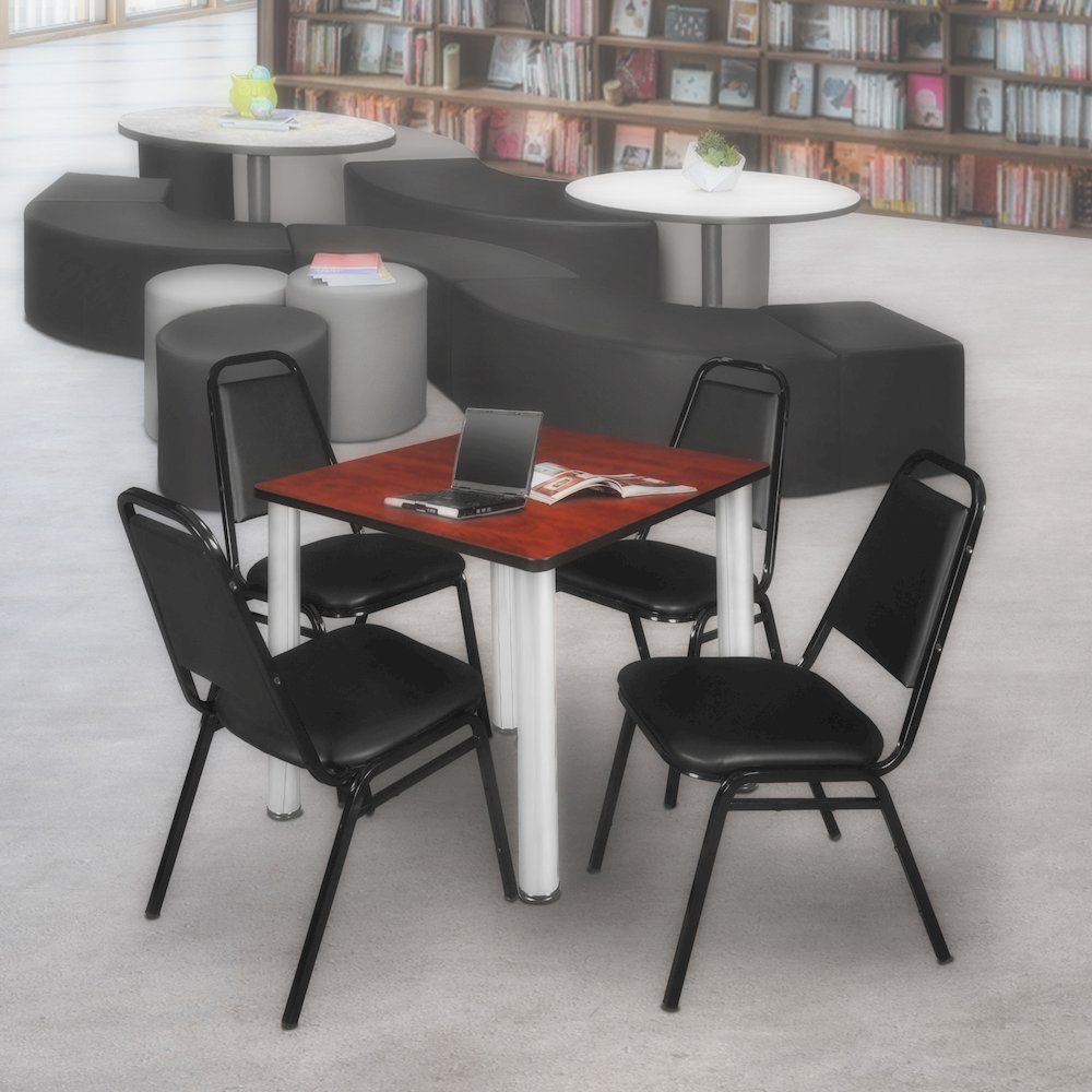 30 in Square Breakroom Table- Cherry Top, Chrome Legs, 4 Restaurant Stack Chairs