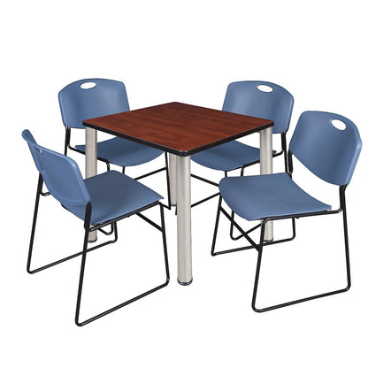 30 in Square Breakroom Table- Cherry Top, Chrome Legs, 4 Zeng Stack Chairs- Blue