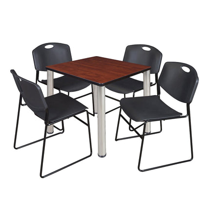 30 Square Breakroom Table- Cherry Top, Chrome Legs, 4 Zeng Stack Chairs- Black