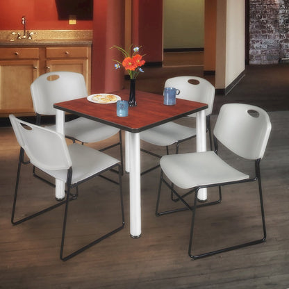 30 in Square Breakroom Table- Cherry Top, Chrome Legs, 4 Zeng Stack Chairs- Grey