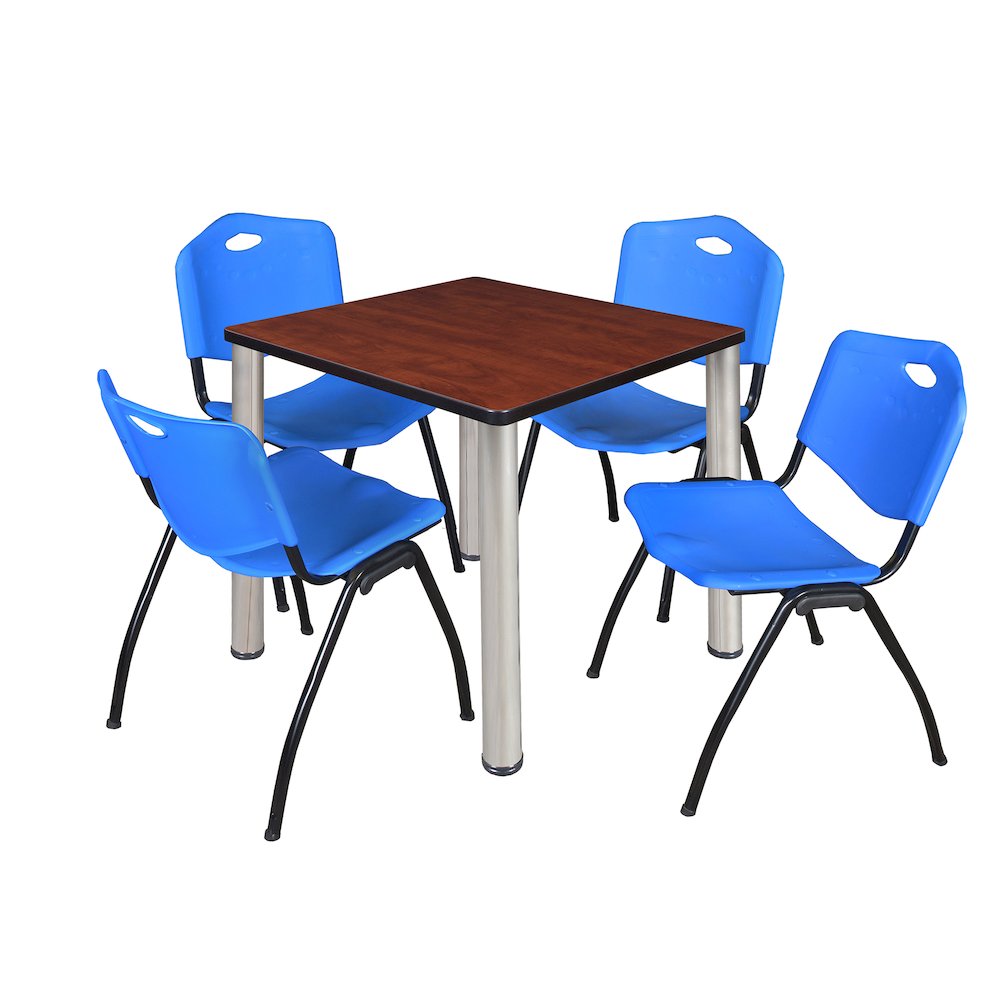 30 in Square Breakroom Table- Cherry Top, Chrome Legs, 4 M Stack Chairs- Blue