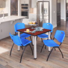 30 in Square Breakroom Table- Cherry Top, Chrome Legs, 4 M Stack Chairs- Blue