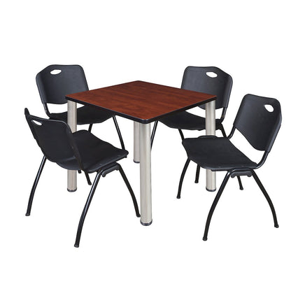 30 in Square Breakroom Table- Cherry Top, Chrome Legs, 4 M Stack Chairs- Black