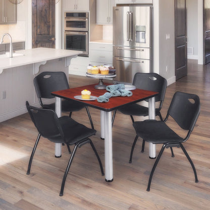 30 in Square Breakroom Table- Cherry Top, Chrome Legs, 4 M Stack Chairs- Black