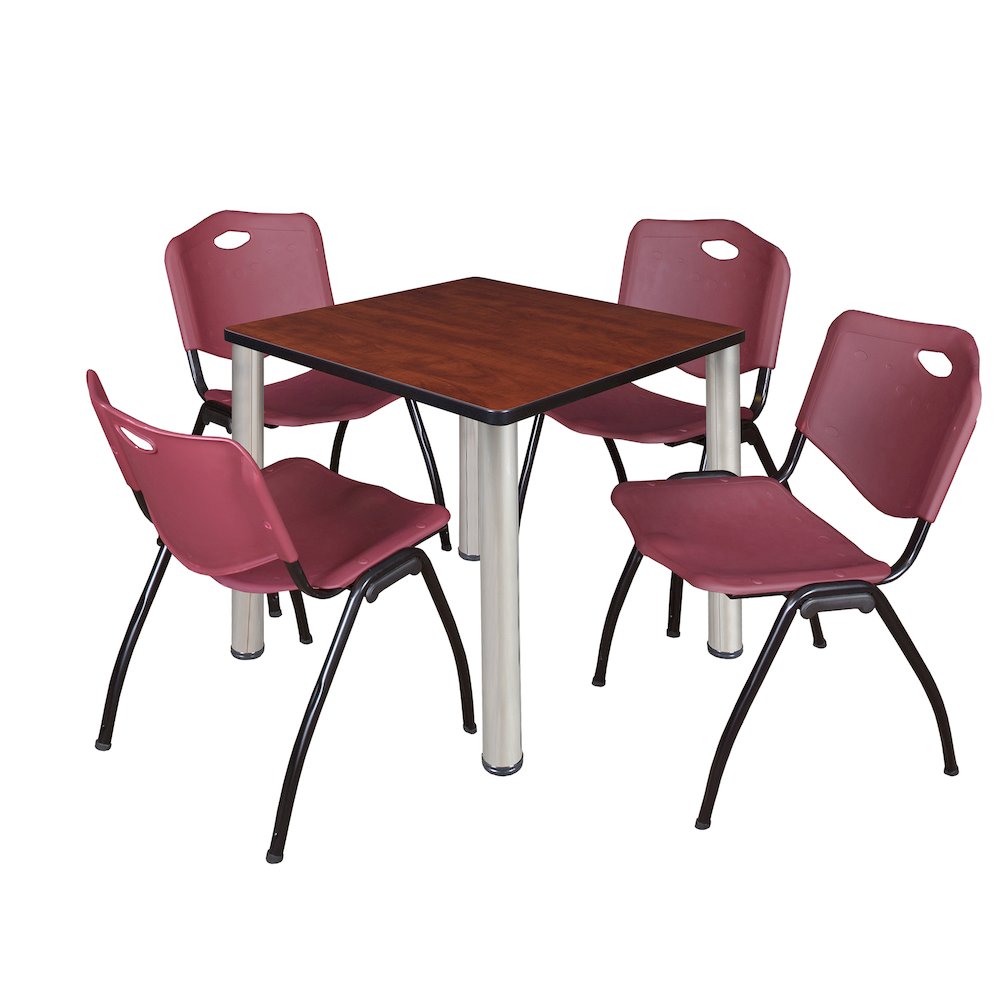 30 Square Breakroom Table- Cherry Top, Chrome Legs, 4 M Stack Chairs- Burgundy