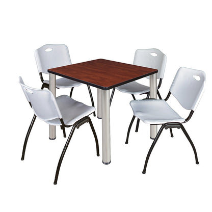 30 in Square Breakroom Table- Cherry Top, Chrome Legs, 4 M Stack Chairs- Grey