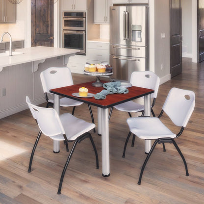 30 in Square Breakroom Table- Cherry Top, Chrome Legs, 4 M Stack Chairs- Grey