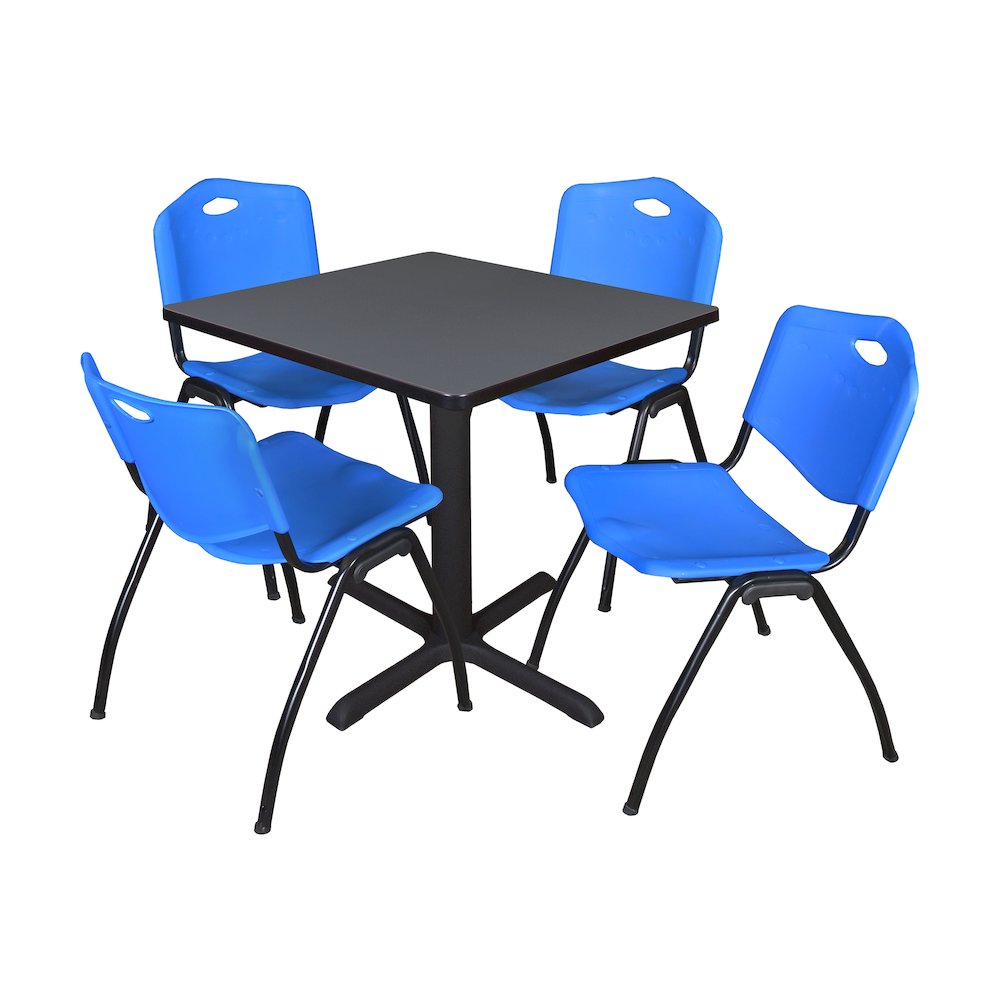 Small 30 in. Square X-Base Breakroom Table- Grey & 4 M Stack Chairs- Blue