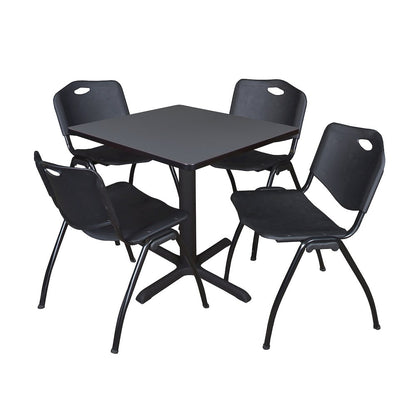 Small 30 in. Square X-Base Breakroom Table- Grey & 4 M Stack Chairs- Black