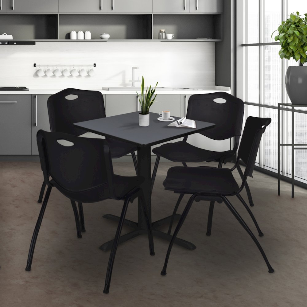 Small 30 in. Square X-Base Breakroom Table- Grey & 4 M Stack Chairs- Black