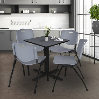 Small 30 in. Square X-Base Breakroom Table- Grey & 4 M Stack Chairs- Grey