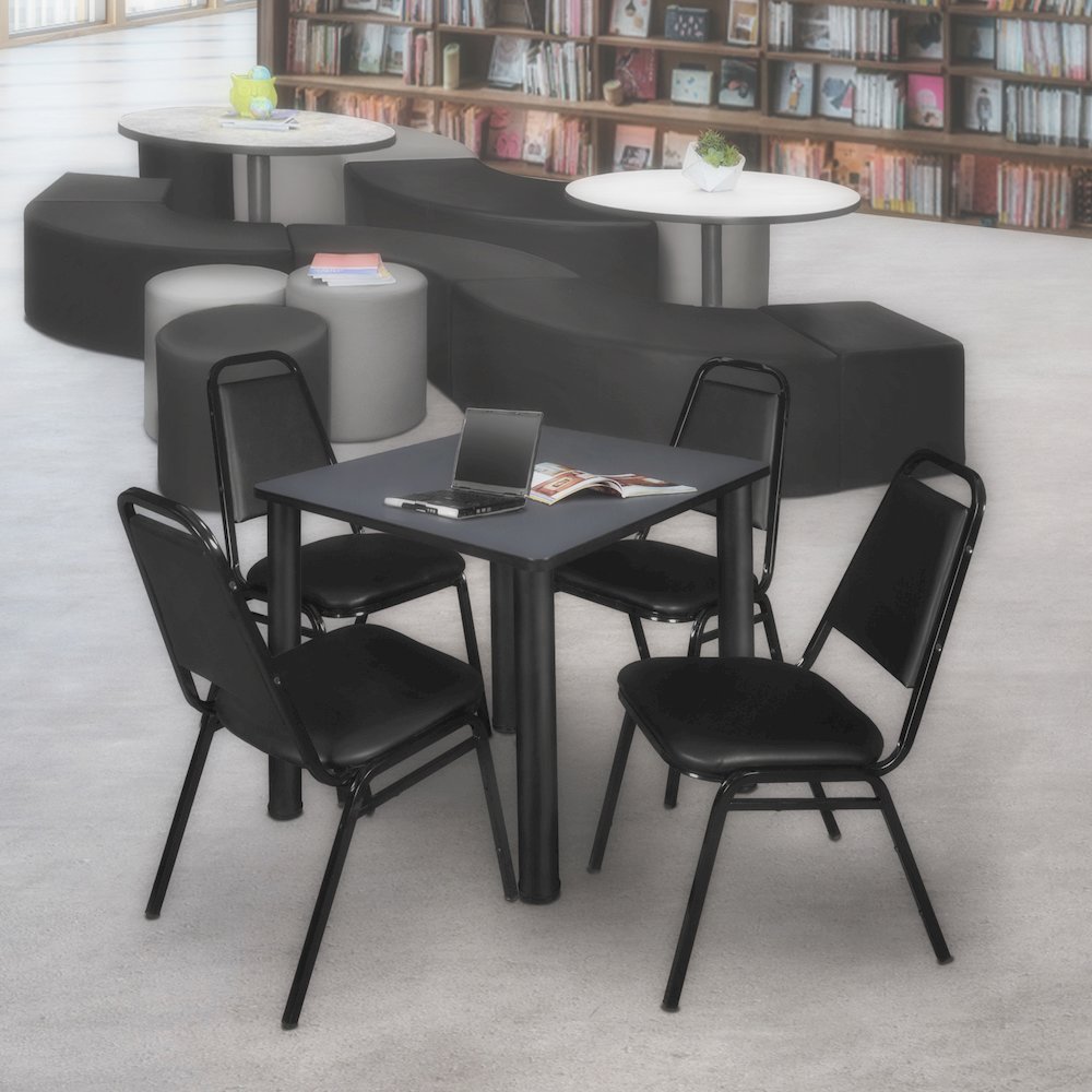 30 in Square Breakroom Table- Grey Top, Black Legs, 4 Restaurant Stack Chairs