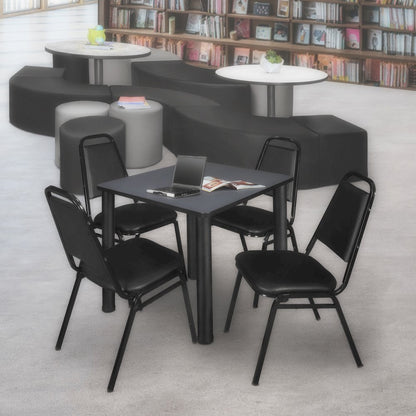 30 in Square Breakroom Table- Grey Top, Black Legs, 4 Restaurant Stack Chairs