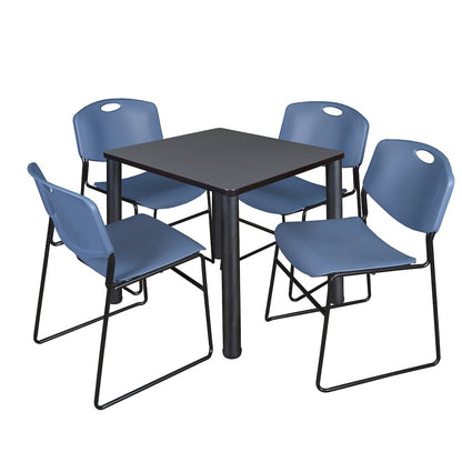 30 in Square Breakroom Table- Grey Top, Black Legs, 4 Zeng Stack Chairs- Blue