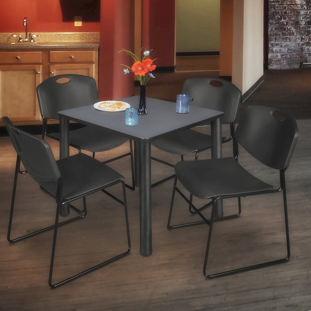 30 in Square Breakroom Table- Grey Top, Black Legs, 4 Zeng Stack Chairs- Black
