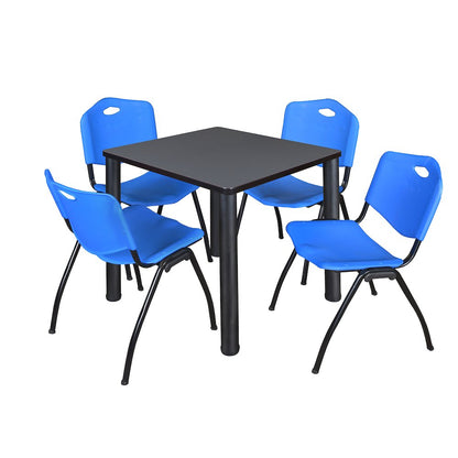 30 in Square Breakroom Table- Grey Top, Black Legs, 4 M Stack Chairs- Blue