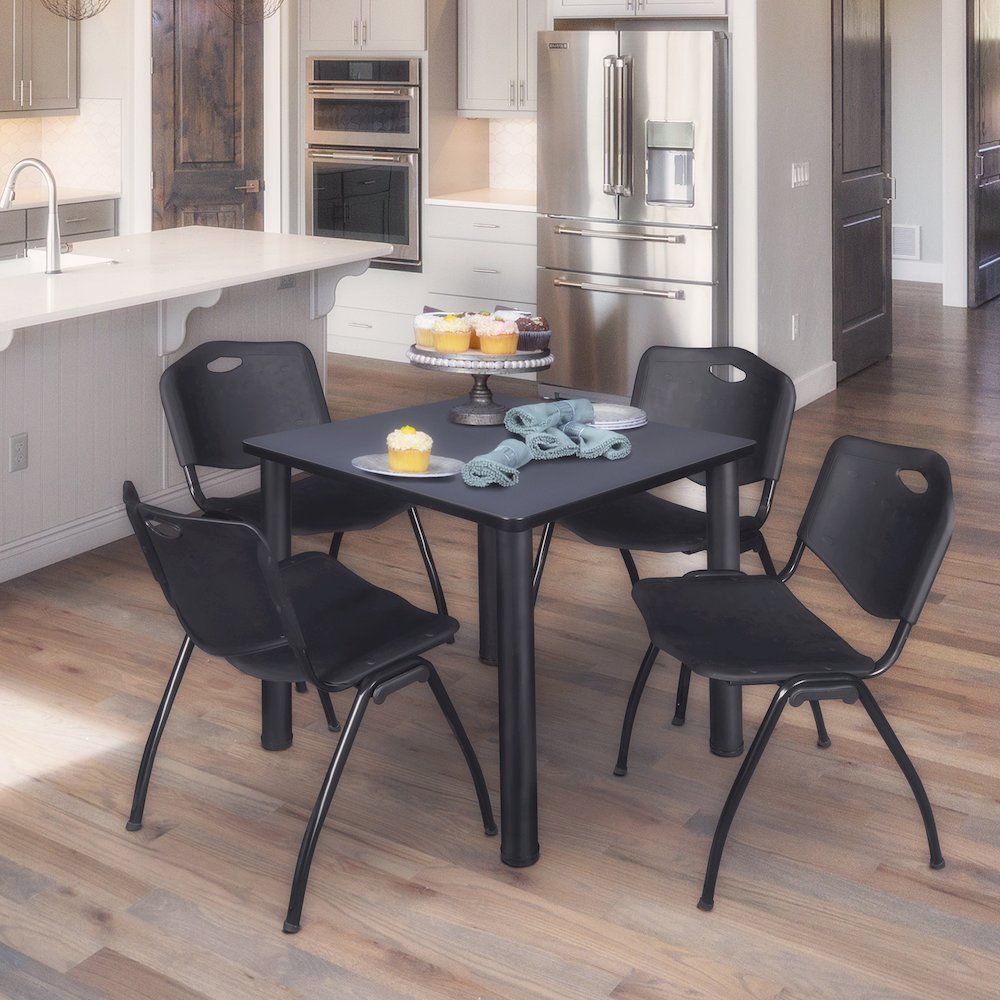 30 in Square Breakroom Table- Grey Top, Black Legs, 4 M Stack Chairs- Black