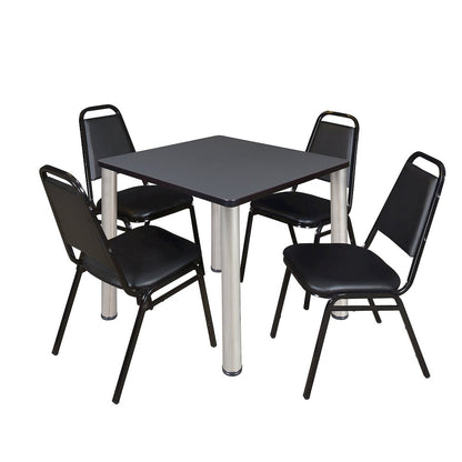 30 in Square Breakroom Table- Grey Top, Chrome Legs, 4 Restaurant Stack Chairs