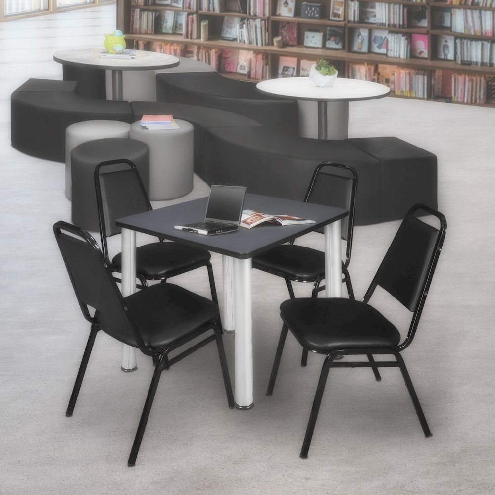 30 in Square Breakroom Table- Grey Top, Chrome Legs, 4 Restaurant Stack Chairs