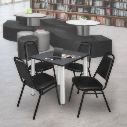 30 in Square Breakroom Table- Grey Top, Chrome Legs, 4 Restaurant Stack Chairs