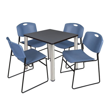 30 in Square Breakroom Table- Grey Top, Chrome Legs, 4 Zeng Stack Chairs- Blue