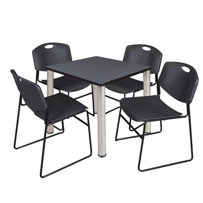 30 in Square Breakroom Table- Grey Top, Chrome Legs, 4 Zeng Stack Chairs- Black