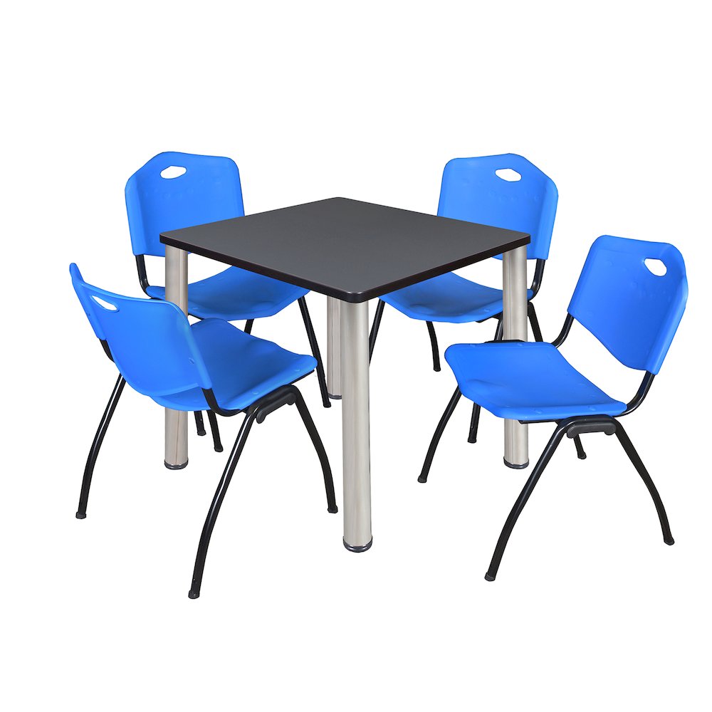 30 in Square Breakroom Table- Grey Top, Chrome Legs, 4 M Stack Chairs- Blue